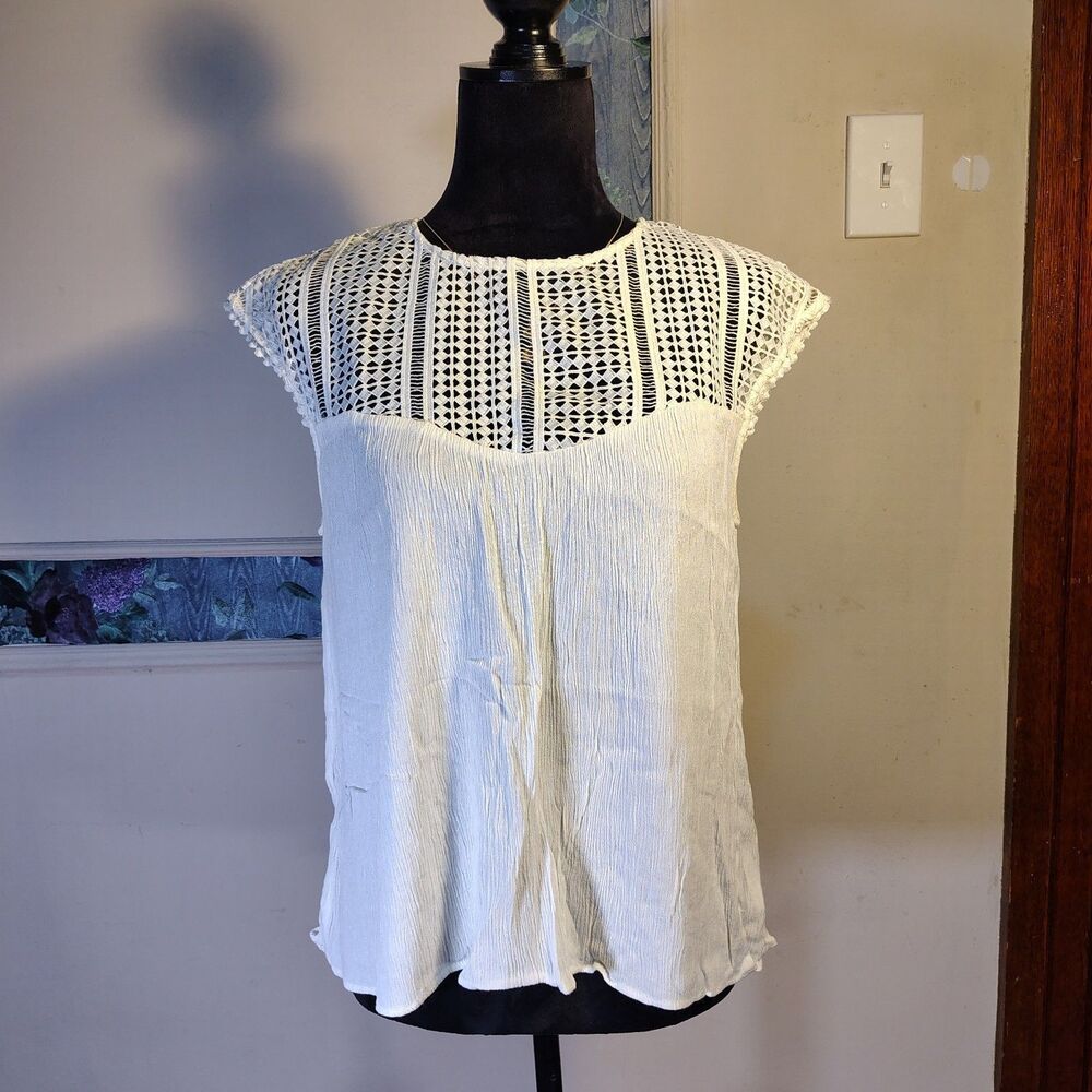 Boho Cream Keyhole Geometric Chest Casual Sleeveless Top Wmns Sz 10/T646